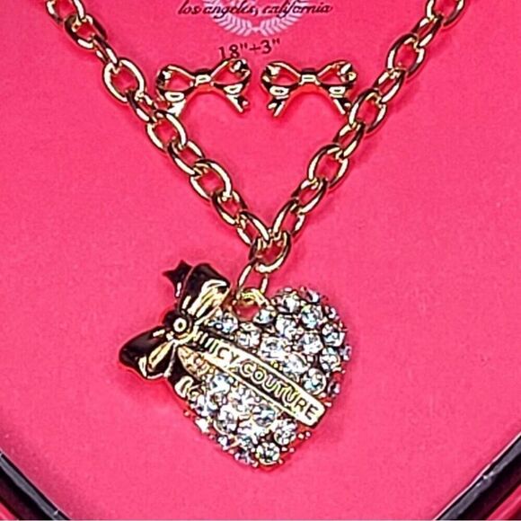 Juicy Couture Heart Pendant Adjustable Necklace And Stud Bow Set Gold New - Picture 3 of 6